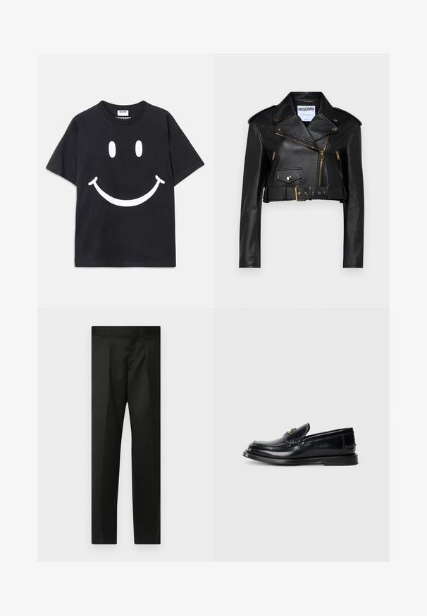 Chaqueta de biker recortada de cuero negro con cuello muesca, cremalleras doradas, bolsillos laterales y una cintura con cinturón y hardware ajustable.; Camiseta de algodón de manga corta negra con un gran gráfico de una cara sonriente blanca en el frente. Cuello redondo clásico.; Pantalones negros con una tela suave, diseño ajustado, piernas rectas y una cinturilla plana sin cierres ni bolsillos visibles.; Mocasín de cuero negro con un diseño cosido, una pequeña solapa frontal y una suela de goma plana. Textura suave con un acento de herrajes en tono dorado.