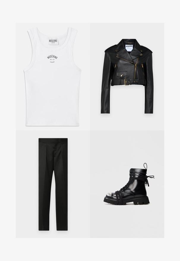 Black leather cropped biker jacket featuring a notched collar, gold zippers, side pockets, and a belted waist with adjustable hardware.; White ribbed tank top featuring a rounded neckline and wide shoulder straps. "MOSCHINO JEANS" logo printed in gray at the chest.; Black trousers featuring a smooth fabric, tailored design, straight legs, and a flat waistband with no visible closures or pockets.; Black leather ankle boot with a metallic toe cap, thick rubber sole, and crisscrossed laces. Features a lace-up front and back pull tab.