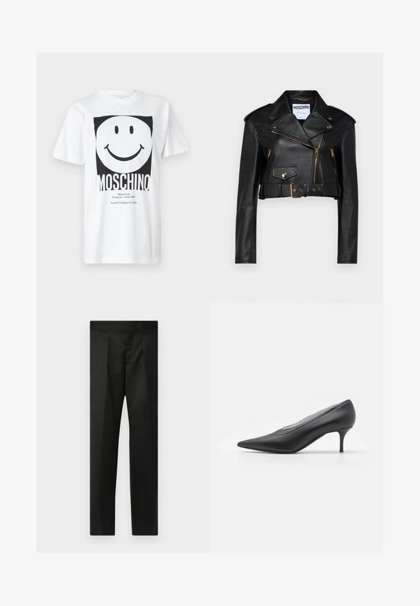Sort læder bikerjakke med cropped design, klapkrave, gyldne lynlåse, sidelommer og en belted talje med justerbar hardware.; Hvid bomulds T-shirt med et sort firkantet grafik med et smilende ansigt og teksten "MOSCHINO" nederst. Korte ærmer, rund hals.; Sorte bukser med en glat stof, skræddersyet design, lige ben og en flad talje uden synlige lukninger eller lommer.; Sorte spidse højhælede sko lavet af glat læder. Har en slank hæl og et minimalistisk design uden synlige udsmykninger.