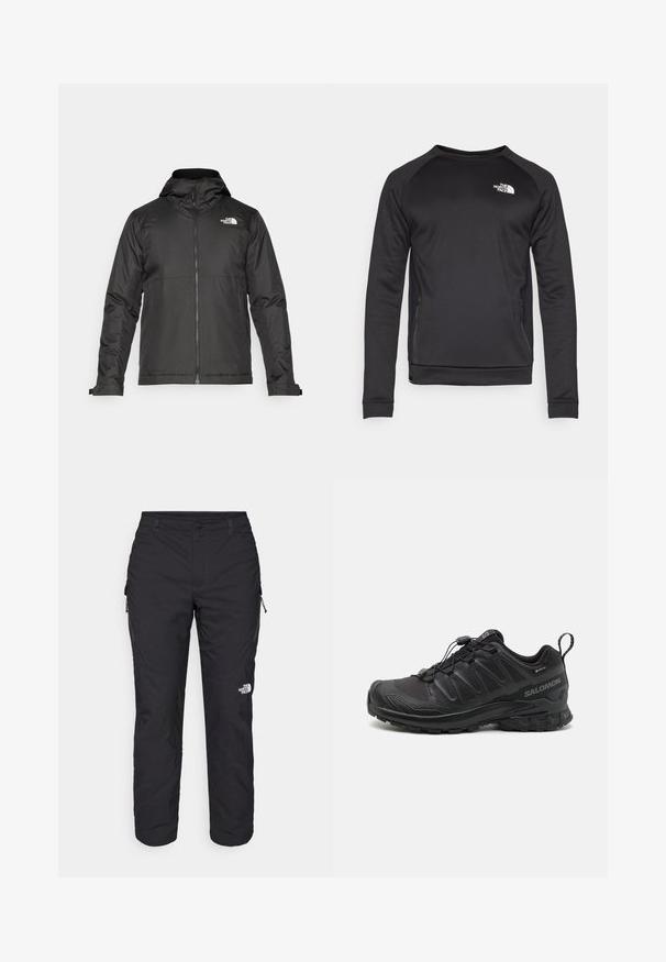 Crna majica sa zatvaračem i kapuljačom, izrađena od glatke tkanine. Ima logo na prsima i podesive manžete za udobno pristajanje.; Crni dukserica s dugim rukavima i okruglim izrezom, izrađena od glatkog materijala. Bočni mrežasti paneli za prozračnost. Sadrži bijeli logo na prsima.; The North Face WINTER EXPLORATION TAPERED CARGO - Hlače za otvoreno - black; Crne atletske cipele s teksturiranim sintetičkim gornjim dijelom, podstavljenim đonom i sustavom brzog vezivanja. Imaju ojačani nos i petu.