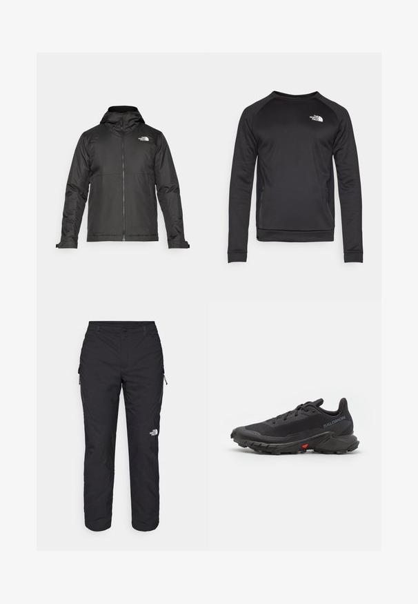 Schwarze Zip-Jacke mit Kapuze, aus glattem Stoff. Verfügt über ein Logo auf der Brust und verstellbare Bündchen für einen engen Sitz.; Schwarzes Langarm-Sweatshirt mit Rundhalsausschnitt, aus glattem Stoff gefertigt. Seitliche Netzeinsätze für Atmungsaktivität. Mit einem weißen Logo auf der Brust.; The North Face WINTER EXPLORATION TAPERED CARGO - Outdoor-Hose - black; Schwarze Trailrunning-Schuhe mit atmungsaktivem Obermaterial, strukturiertem Stoff, roten Akzenten an der Sohle und aggressivem Profil für optimalen Grip.