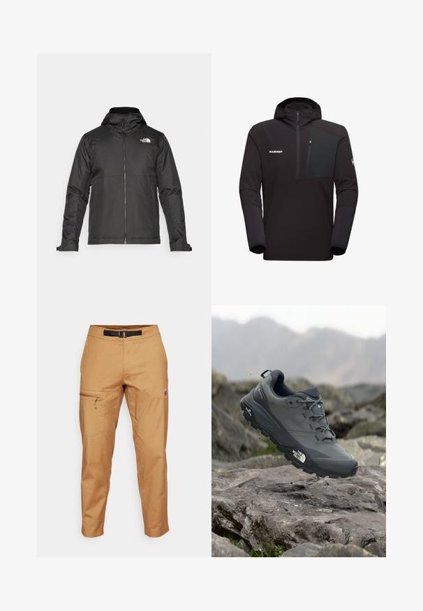 Zwarte zip-up jas met een capuchon, gemaakt van gladde stof. Heeft een logo op de borst en verstelbare manchetten voor een comfortabele pasvorm.; Zwarte hooded jack met een ritszak op de borst, gemaakt van gestructureerde stof, met contrasterende effen zwarte mouwen en een logo aan de voorkant.; Lichtbruine cargo pants met een taps toelopende pasvorm, voorzien van een ritszak aan de zijkant en een zwarte riem. Gemaakt van een gestructureerde stof.; Grijze trailrun-schoen met een gestructureerde bovenkant, duurzame rubbersole en versterkte neuskap. Voorzien van veters en een merkimprint aan de zijkant.