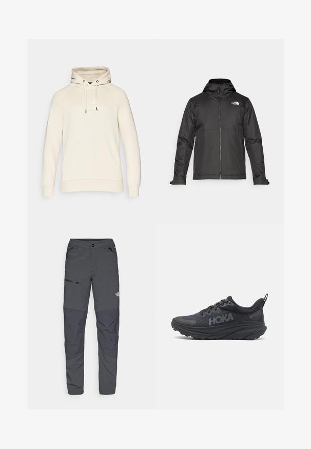 Černá zipová bunda s kapucí, vyrobená z hladké tkaniny. Obsahuje logo na hrudi a nastavitelné manžety pro pohodlné nošení.; Béžová mikina s kapucí na šňůrku, klokanní kapsou a embosovaným logem "Peak Performance" vpředu. Měkká tkanina.; Šedé venkovní kalhoty s hladkým povrchem, které mají boční kapsu na zip, vyztužené části na kolenou a decentní detail loga.; Černá běžecká obuv Hoka s prodyšným svrškem, texturovanými detaily a silnou, polstrovanou podrážkou se zúženými okraji pro lepší oporu.