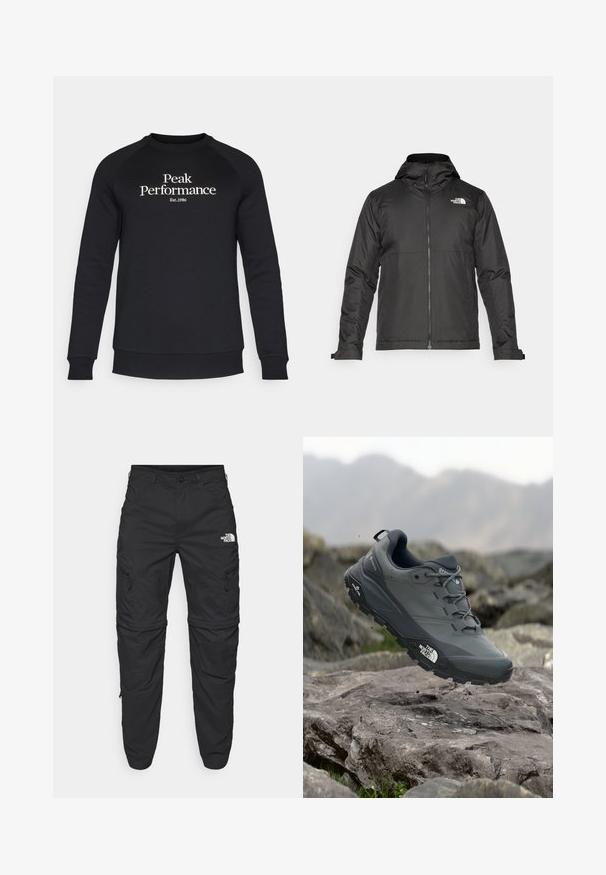 Musthave musta kapuutsiga fliisjakk, mis on valmistatud siledast kangast. Uhkeldab rindkere kohal oleva logoga ning reguleeritavate mansettidega, et tagada mugav ja tihe istuvus.; Peak Performance ORIGINAL CREW-BLACK-OFFWHITE - Pusa - black/offwhite; The North Face EXPLORATION TAPERED CONVERTIBLE - Õuepüksid - black; Hallhalli jooksukingad halli värvi, tekstureeritud ülemise osaga, vastupidava kummist tallaga ja tugevdatud varvaste kattega. Omab paelu ja kaubamärgi logo küljel.