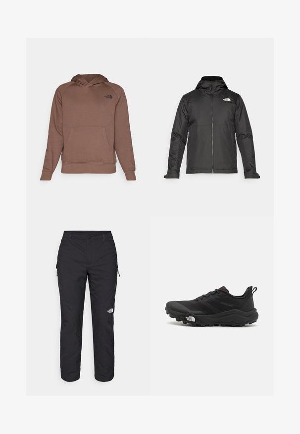 Jachetă neagră cu fermoar și glugă, realizată dintr-un material neted. Prezintă un logo pe piept și manșete ajustabile pentru o potrivire strânsă.; Hanorac maro cu buzunar frontal, glugă ajustabilă cu șnur și un logo negru pe pieptul stâng. Fabricat dintr-un material moale și texturat.; The North Face WINTER EXPLORATION TAPERED CARGO - Pantaloni outdoor - black; Pantofii de alergare pe teren accidentat, de culoare neagră, cu un superior texturat, talpă din cauciuc și vârf întărit. Prezintă un guler căptușit și o bandă de prindere pentru îmbrăcare ușoară.