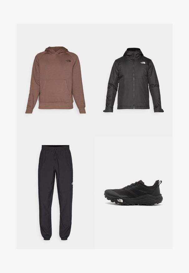 Sort lynlåsjakke med hætte, lavet af glat stof. Har et logo på brystet og justerbare manchetter for en tætsiddende pasform.; Brun hoodie med en frontlomme, justerbar snørehætte og et sort logo på venstre bryst. Fremstillet af blødt, tekstureret stof.; Sorte atletiske bukser lavet af letvægtsstof, med en snor i taljen, sidelommer og tapered manchetter ved anklerne.; Sort trail løbesko med en struktureret overdel, gummisål og forstærket tåhætte. Har en polstret krave og en pull-tab til nem påtagning.