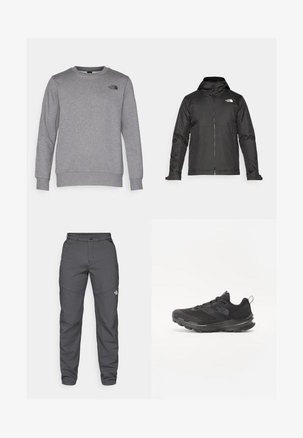 Black zip-up jacket with a hood, made of smooth fabric. Features a logo on the chest and adjustable cuffs for a snug fit.; Gray sweatshirt made of soft cotton fabric, featuring a crew neckline, long sleeves, ribbed cuffs and hem, with a black logo on the chest.; Gray outdoor pants made of a durable fabric, featuring a button closure, belt loops, and a logo near the lower leg.; Black athletic shoe with mesh upper, rubber outsole, and padded collar. Features laces, logo on the side, and a textured design.