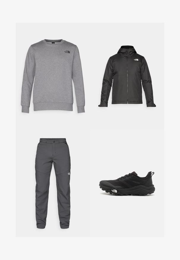 Musthave musta kapuutsiga fliisjakk, mis on valmistatud siledast kangast. Uhkeldab rindkere kohal oleva logoga ning reguleeritavate mansettidega, et tagada mugav ja tihe istuvus.; Hallgrey sweatshirt, mis pehmeast puuvillast kangast, millel on ringjope kaelus, pikad varrukad, soonikust mansetid ja äär, ning must logo rinnal.; Hallide hallpantsid, mis on valmistatud vastupidavast kangast, pehme nööbiga lukuga, vööloopidega ja logoga alakäe lähedal.; Must tume jooksujalats musta värvi, tekstuurse ülemise osaga, kummist tallaga ja tugevdatud varbaga. Omab pehmendusega krae ja tõmblinti mugavaks selga panemiseks.