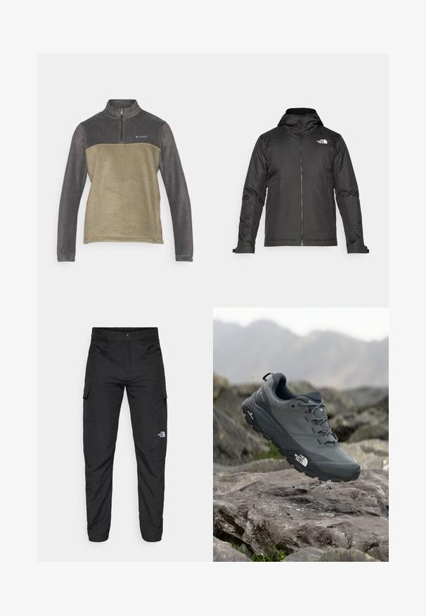 Črna zip-up jakna s kapuco, izdelana iz gladkega materiala. Ima logo na prsih in nastavljive manšete za udobno prileganje.; Columbia STEENS MOUNTAIN™ HALF ZIP - Pulover iz flisa - shark/stone green; The North Face HORIZON PANT - Hlače za na prostem - black; Sive teka za trail tek, z teksturirano zgornjimi deli, trpežnim gumijastim podplatom in ojačanim kapico za prste. Ima vezi in logotip blagovne znamke na strani.