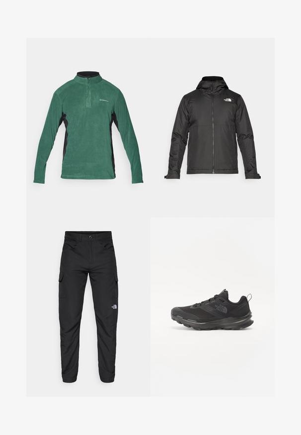 Musthave musta kapuutsiga fliisjakk, mis on valmistatud siledast kangast. Uhkeldab rindkere kohal oleva logoga ning reguleeritavate mansettidega, et tagada mugav ja tihe istuvus.; Roheline fleecetagi neljandiku lukuga, mustade külgpaneelidega ja pika varrukaga. Omab sileda tekstuuri ning väike logo rinnal.; The North Face HORIZON PANT - Õuepüksid - black; Must use õhku läbilaskvat võrku ülemise ja kummist välispõhjaga mustad atleetijalatsid, millel on polsterdatud kaelus. Omab nööre, logo küljel ja tekstuurset disaini.