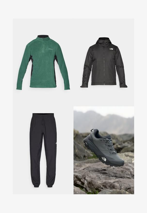 Crna majica sa zatvaračem i kapuljačom, izrađena od glatke tkanine. Ima logo na prsima i podesive manžete za udobno pristajanje.; Zeleni flis šućur s četvrtim zatvaračem, crnim bočnim panelima i dugim rukavima. Ima glatku teksturu i mali logo na prsima.; Crne sportske hlače od lagane tkanine, s pojasom na vezanje, bočnim džepovima i suženim manžetama na gležnjevima.; Sive trail trkačka cipela s teksturiranim gornjim dijelom, izdržljivom gumenom potplatom i ojačanim vrhom. Ima vezice i logotip branda sa strane.