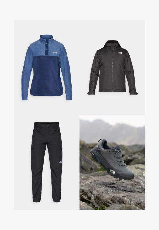 Musthave musta kapuutsiga fliisjakk, mis on valmistatud siledast kangast. Uhkeldab rindkere kohal oleva logoga ning reguleeritavate mansettidega, et tagada mugav ja tihe istuvus.; Fliisist pullover sinistes toonides, millel on kõrge krae, neli nööpi ja rinna logosilt, millel on pehme ja tekstuuriga viimistlus.; The North Face HORIZON PANT - Õuepüksid - black; Hallhalli jooksukingad halli värvi, tekstureeritud ülemise osaga, vastupidava kummist tallaga ja tugevdatud varvaste kattega. Omab paelu ja kaubamärgi logo küljel.