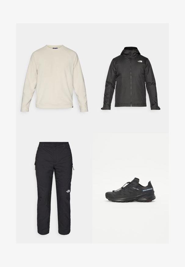 Giacca nera con zip e cappuccio, realizzata in tessuto liscio. Presenta un logo sul petto e polsini regolabili per una vestibilità aderente.; Felpa beige chiaro con scollo rotondo, maniche raglan e tessuto testurizzato. L'orlo è leggermente accorciato e presenta un logo laterale.; The North Face WINTER EXPLORATION TAPERED CARGO - Pantaloni outdoor - black; Scarpa da trail running nera con tomaia strutturata, lacci elastici e suola Contagrip. Offre una vestibilità aderente e una protezione per le dita.