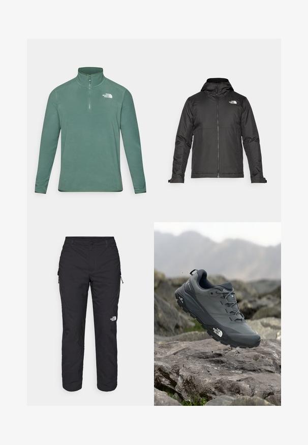 Svart zip-up jakke med hette, laget av glatt materiale. Har et logo på brystet og justerbare mansjetter for en tett passform.; Grønn fleece-genser med høy hals og halv glidelås. Har lange ermer og en hvit logo på øvre venstre bryst. Silkeaktig tekstur.; The North Face WINTER EXPLORATION TAPERED CARGO - Friluftsbukser - black; Grå terrengløpesko med en teksturert overdel, slitesterk gummisåle og forsterket tåhette. Inkluderer snørebånd og merkevarelogo på siden.