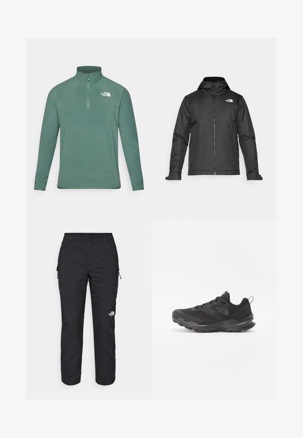 Black zip-up jacket with a hood, made of smooth fabric. Features a logo on the chest and adjustable cuffs for a snug fit.; Green fleece pullover with a high neck and half zipper. Features long sleeves and a white logo on the upper left chest. Smooth texture.; The North Face WINTER EXPLORATION TAPERED CARGO - Outdoor trousers - black; Black athletic shoe with mesh upper, rubber outsole, and padded collar. Features laces, logo on the side, and a textured design.