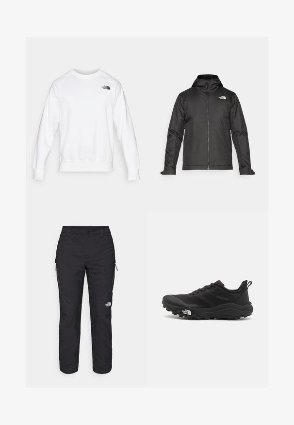 Black zip-up jacket with a hood, made of smooth fabric. Features a logo on the chest and adjustable cuffs for a snug fit.; White sweatshirt featuring a crew neck, long raglan sleeves, ribbed cuffs and hem, with a small black logo on the upper left chest.; The North Face WINTER EXPLORATION TAPERED CARGO - Outdoor trousers - black; Black trail running shoe with a textured upper, rubber sole, and reinforced toe cap. Features a padded collar and pull tab for easy wear.