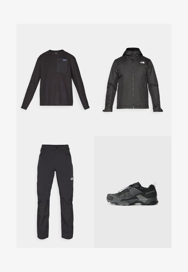 Melna zip-up jakas ar kapuci, izgatavota no gludas auduma. Tajā ir logo uz krūtīm un regulējami aproces, lai nodrošinātu ciešu piegulšanu.; Melna garām piedurknēm, apaļa kakla vilna ar teksturētu audumu un rāvējamu krūšu kabatu, kurai ir Patagonia logo.; Melnas āra bikses ar rāvējslēdzēju priekšējā kabatā, sintētisks materiāls, sašaurinātas kājas un pastiprinātas ceļa paneļi. Iespējams, ar pogas aizdari.; Melnas taku skriešanas kurpes ar izturīgu sieta augšdaļu, pastiprinātu purngala daļu, teksturētu gumijas zoli un elastīgu šņorēšanas sistēmu drošai piegulšanai.