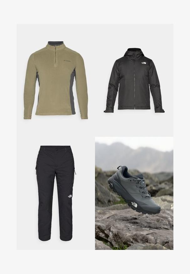 Black zip-up jacket with a hood, made of smooth fabric. Features a logo on the chest and adjustable cuffs for a snug fit.; Fleece pullover in olive green with dark gray side panels, mock neck, and front zip closure. Features a small logo on the chest.; The North Face WINTER EXPLORATION TAPERED CARGO - Outdoor trousers - black; Grey trail running shoe with a textured upper, durable rubber sole, and reinforced toe cap. Features laces and brand logo on the side.