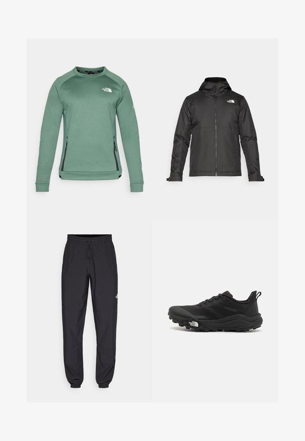 Fekete zipzáras dzseki, kapucnival, sima anyagból készült. A mellkasán logóval és állítható mandzsettákkal rendelkezik a kényelmes illeszkedés érdekében.; Zöld bolyhos pulóver hosszú ujjal, kerek nyakkivágással, oldalsó cipzáras zsebekkel és logó részlettel a mellkason. Simaszerű textúra, testhezálló fazon.; Fekete sportnadrág, könnyű anyagból készült, húzózsinóros derékkal, oldalsó zsebekkel és szűkített szárakkal a bokáknál.; Fekete terepfutó cipő, textúrált felső résszel, gumitalppal és megerősített lábujjrészével. Párnázott bokarésszel és húzófüllel rendelkezik a könnyű felhúzáshoz.