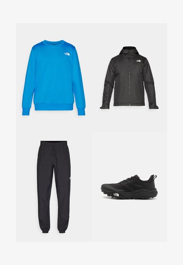 Μαύρο μπουφάν με φερμουάρ και κουκούλα, φτιαγμένο από λείο ύφασμα. Διαθέτει λογότυπο στο στήθος και ρυθμιζόμενους καρπούς για άνετη εφαρμογή.; Ανοιχτό μπλε φούτερ με στρογγυλή λαιμόκοψη και μακριά μανίκια. Διαθέτει ένα μικρό λευκό λογότυπο στο αριστερό στήθος. Μαλακό ύφασμα με λεία υφή.; Μαύρη αθλητική παντελόνι κατασκευασμένο από ελαφρύ ύφασμα, με ζώνη που ρυθμίζεται με κορδόνι, πλευρικές τσέπες και στενές μανσέτες στους αστραγάλους.; Μαύρο αθλητικό παπούτσι τρεξίματος με υφασμάτινο άνω μέρος, καουτσούκ σόλα και ενισχυμένη μύτη. Διαθέτει επενδεδυμένο κολάρο και θηλιά στα πίσω για εύκολη φορεσιά.