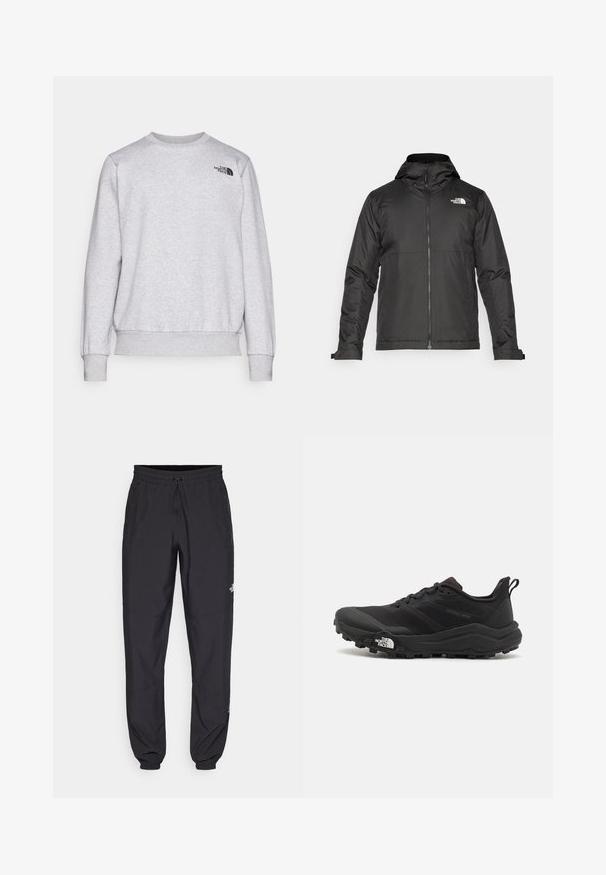 Giacca nera con zip e cappuccio, realizzata in tessuto liscio. Presenta un logo sul petto e polsini regolabili per una vestibilità aderente.; Felpa grigia in morbido tessuto, con maniche lunghe, collo rotondo, polsini a costine e un piccolo logo nero sul petto.; Pantaloni sportivi neri realizzati in tessuto leggero, con vita regolabile con cordino, tasche laterali e orli affusolati alle caviglie.; Scarpa da trail running nera con tomaia texture, suola in gomma e punta rinforzata. Presenta un collare imbottito e un tassello per un indossamento facile.