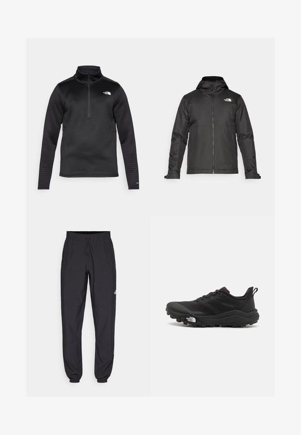 Giacca nera con zip e cappuccio, realizzata in tessuto liscio. Presenta un logo sul petto e polsini regolabili per una vestibilità aderente.; Pullover in fleece nero con un motivo texturizzato a griglia, collo con zip a un quarto e logo sul lato sinistro del petto. Maniche lunghe e tessuto flessibile.; Pantaloni sportivi neri realizzati in tessuto leggero, con vita regolabile con cordino, tasche laterali e orli affusolati alle caviglie.; Scarpa da trail running nera con tomaia texture, suola in gomma e punta rinforzata. Presenta un collare imbottito e un tassello per un indossamento facile.