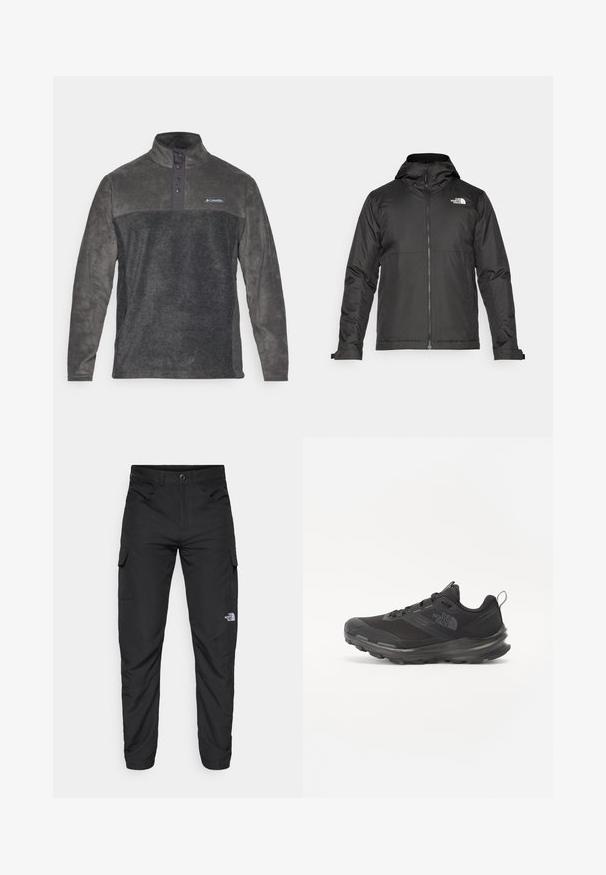 Chaqueta negra con cremallera y capucha, hecha de un tejido suave. Cuenta con un logo en el pecho y puños ajustables para un ajuste ceñido.; Sudadera de polar gris con cuello alto, placket de cuatro botones y contraste de tela en los hombros. Presenta un logo de Columbia en el pecho.; The North Face HORIZON PANT - Pantalones montañeros largos - black; Zapatilla deportiva negra con parte superior de malla, suela de goma y cuello acolchado. Cuenta con cordones, logotipo en el lateral y un diseño texturizado.