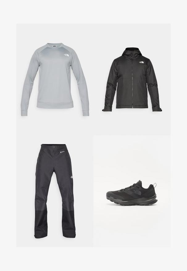 Giacca nera con zip e cappuccio, realizzata in tessuto liscio. Presenta un logo sul petto e polsini regolabili per una vestibilità aderente.; Felpa grigia chiaro con maniche lunghe e colletto a girocollo. Presenta un orlo e dei polsini a costine. Il logo The North Face è visibile sul petto.; Pantaloni impermeabili neri con una texture liscia, dotati di un logo GORE-TEX sulla parte anteriore e rinforzi sulle gambe inferiori per una maggiore durata.; Scarpa sportiva nera con tomaia in rete, suola in gomma e collarino imbottito. Presenta lacci, un logo sul lato e un design testurizzato.