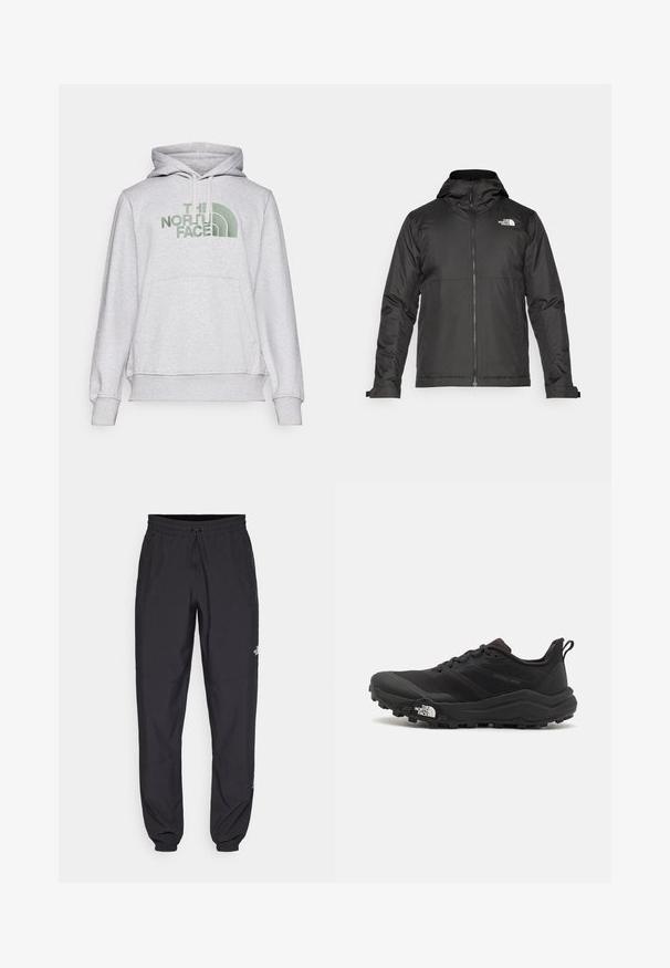 Svart zip-up jacka med huva, tillverkad av mjukt tyg. Funktionen inkluderar en logotyp på bröstet och justerbara ärmslut för en tät passform.; Grå hoodie tillverkad av sweatshirtmaterial med en framficka i kängurustil, dragsnodd på huvan och en grön broderad logotyp på bröstet.; Svarta träningsbyxor tillverkade av lättviktsmaterial, med dragsko i midjan, sidofickor och avsmalnande muddar vid anklarna.; Svart terränglöparsko med en strukturerad ovandel, gummisula och förstärkt tåhätta. Har en vadderad krage och en dragflik för enkel påtagning.