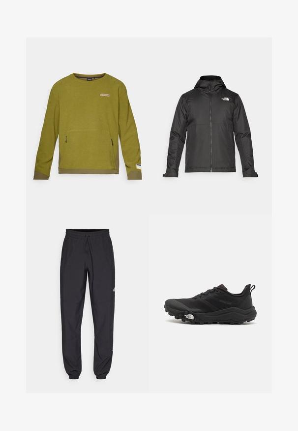 Casaco preto com fecho éclair e capuz, feito de tecido suave. Apresenta um logotipo no peito e punhos ajustáveis para um encaixe perfeito.; Sweatshirt de manga longa verde-azeitona com tecido texturizado, apresentando um bolso frontal, patch do logo acima e bainha inferior em contraste.; Calças atléticas pretas feitas de tecido leve, com um cós ajustável por cordão, bolsos laterais e punhos afunilados nos tornozelos.; Sapatilha de trail running preta com um upper texturizado, sola de borracha e biqueira reforçada. Possui um colarinho acolchoado e uma alça para facilitar o calçar.