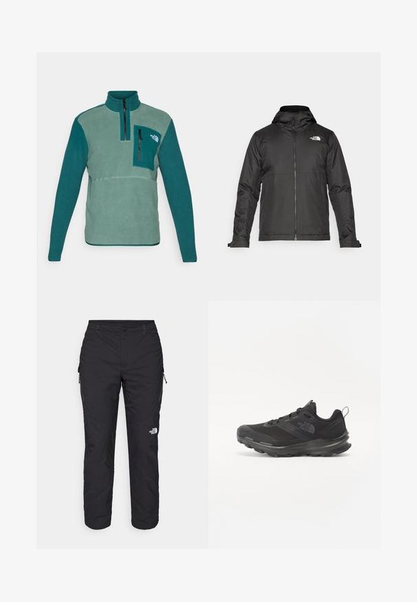 Jachetă neagră cu fermoar și glugă, realizată dintr-un material neted. Prezintă un logo pe piept și manșete ajustabile pentru o potrivire strânsă.; Pulover din fleece de culoare teal și verde, cu guler înalt, fermoar pe jumătate și un buzunar pe piept cu fermoar negru. Dispune de un material texturat.; The North Face WINTER EXPLORATION TAPERED CARGO - Pantaloni outdoor - black; Pantof sport negru cu superior din plasă, talpă din cauciuc și guler căptușit. Include șireturi, logo pe lateral și un design texturat.