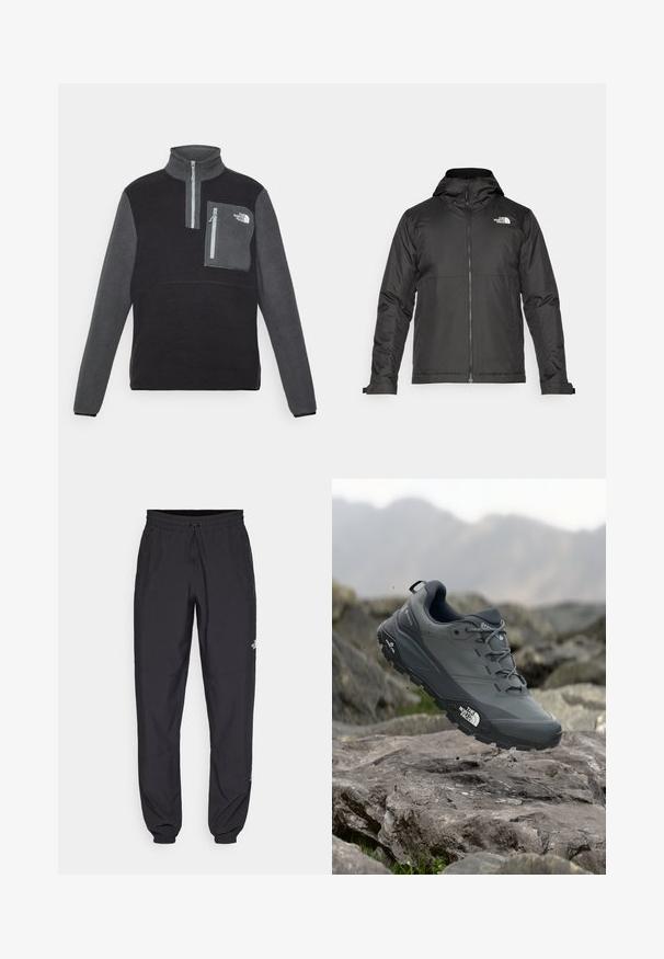 Black zip-up jacket with a hood, made of smooth fabric. Features a logo on the chest and adjustable cuffs for a snug fit.; Fleece pullover in black and gray, quarter-zip design, high collar, chest pocket with zipper, soft texture, and logo on pocket.; Black athletic pants made from lightweight fabric, featuring a drawstring waistband, side pockets, and tapered cuffs at the ankles.; Grey trail running shoe with a textured upper, durable rubber sole, and reinforced toe cap. Features laces and brand logo on the side.