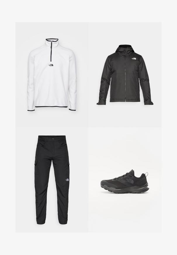 Svart zip-up jakke med hette, laget av glatt materiale. Har et logo på brystet og justerbare mansjetter for en tett passform.; The North Face GLACIER ¼ ZIP - EMBROIDERED LOGO - Fleecegenser - gardenia white; The North Face HORIZON PANT - Friluftsbukser - black; Svart treningssko med mesh-overdel, gummiyttersåle og polstret krage. Har snører, logo på siden og et teksturert design.