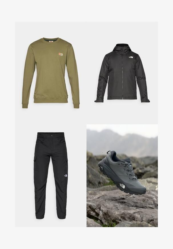 Chaqueta negra con cremallera y capucha, hecha de un tejido suave. Cuenta con un logo en el pecho y puños ajustables para un ajuste ceñido.; Sudadera de manga larga en color verde oliva, fabricada en suave algodón, con un pequeño parche de logo en el pecho y puños y dobladillo acanalados.; The North Face HORIZON PANT - Pantalones montañeros largos - black; Zapatilla de trail running gris con parte superior texturizada, suela de goma duradera y puntera reforzada. Cuenta con cordones y logo de la marca en el lateral.