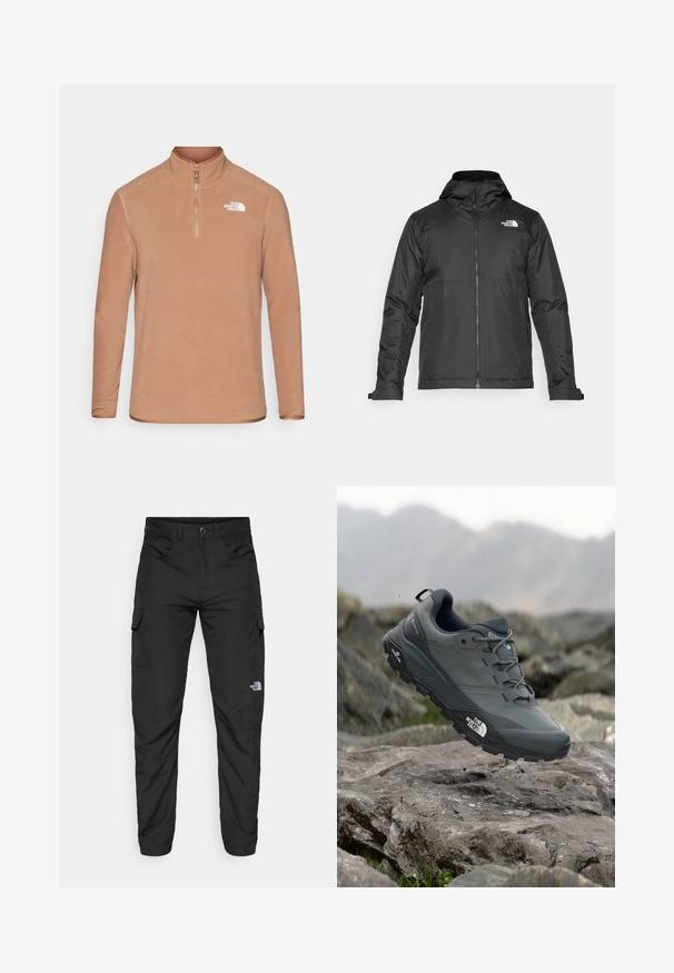 Juoda zip-up striukė su kapišonu, pagaminta iš lygios medžiagos. Yra logotipas ant krūtinės ir reguliuojamos rankogaliai, užtikrinantys tvirtą prigludimą.; Rudas fliso megztinis su aukštu apykakliu, pusiau užtrauktuku ir ilgomis rankovėmis. Mėlyna logo kairiajame krūtinės plote ir lygi tekstūra.; The North Face HORIZON PANT - Lauko kelnės - black; Pilkas bėgimo batelis su tekstūruota viršutine dalimi, tvirtu guminio pado ir sustiprinta nosimi. Turi raištelius ir prekės ženklo logotipą šone.