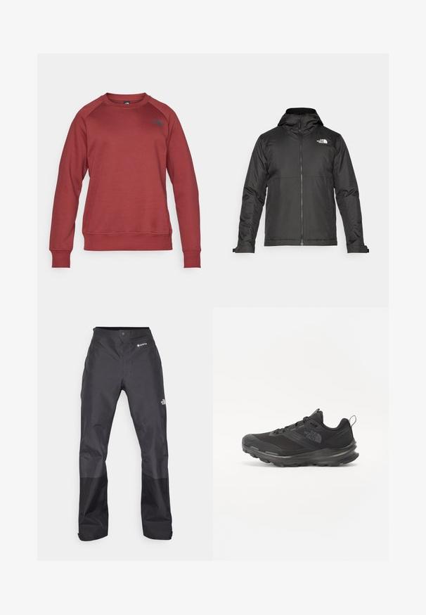 Μαύρο μπουφάν με φερμουάρ και κουκούλα, φτιαγμένο από λείο ύφασμα. Διαθέτει λογότυπο στο στήθος και ρυθμιζόμενους καρπούς για άνετη εφαρμογή.; Κόκκινη μπλούζα με στρογγυλή λαιμόκοψη, μακριά ράγκλαν μανίκια, ριμπ μανσέτες και κορώνα, με ένα μαύρο λογότυπο στο αριστερό μέρος. Μαλακό, υφασμάτινο υλικό.; Μαύρα αδιάβροχα παντελόνια με απλή υφή, που διαθέτουν λογότυπο GORE-TEX στο μπροστινό μέρος και ενισχυμένα κάτω μέρη για αυξημένη αντοχή.; Μαύρο αθλητικό παπούτσι με διαπνέον επάνω μέρος από πλέγμα, ελαστική σόλα και μαλακή επένδυση στον αστράγαλο. Διαθέτει κορδόνια, λογότυπο στο πλάι και υφή στο σχέδιο.