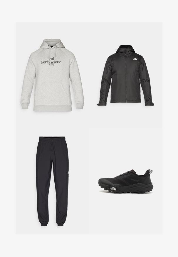 Veste zippée noire avec capuche, en tissu lisse. Présente un logo sur la poitrine et des poignets ajustables pour un ajustement parfait.; Hoodie gris avec une capuche à cordon, des manches raglan, une poche avant et le texte "Performance Réelle" imprimé en noir. Texture de tissu douce.; Pantalon de sport noir en tissu léger, avec une taille à cordon, des poches latérales et des chevilles resserrées.; Chaussure de trail running noire avec une tige texturée, semelle en caoutchouc et bout renforcé. Présente un col rembourré et une tirette pour un enfilage facile.