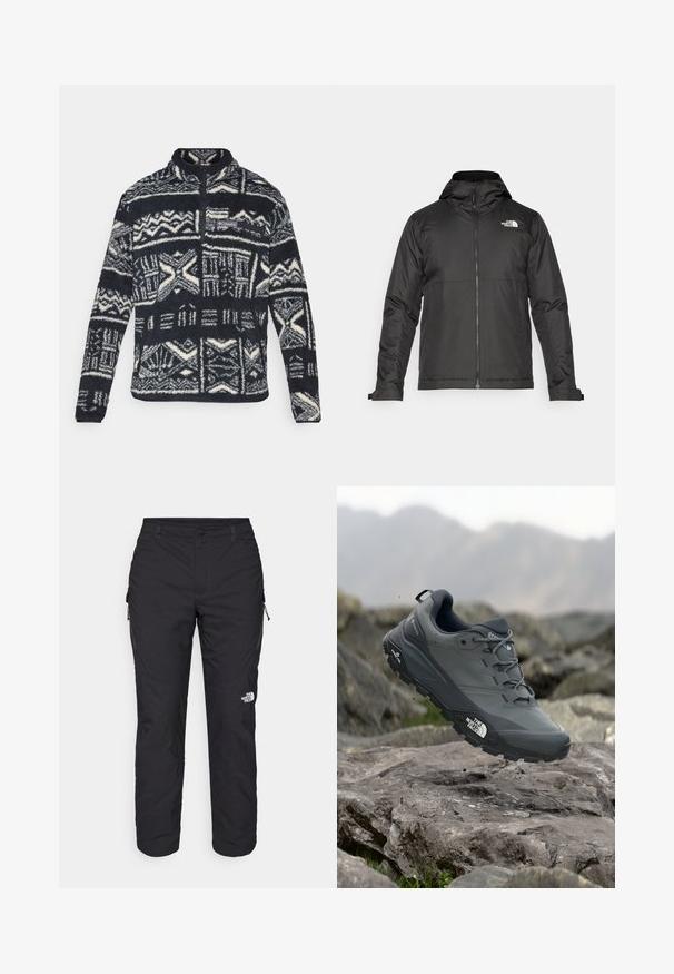 Juoda zip-up striukė su kapišonu, pagaminta iš lygios medžiagos. Yra logotipas ant krūtinės ir reguliuojamos rankogaliai, užtikrinantys tvirtą prigludimą.; Vyriškas juodos ir baltos spalvų flisinis megztinis su geometriniais raštais, ketvirčio užtrauktuku priekyje, užtrauktuku užsegama krūtinės kišenė ir Columbia logotipas ant krūtinės.; The North Face WINTER EXPLORATION TAPERED CARGO - Lauko kelnės - black; Pilkas bėgimo batelis su tekstūruota viršutine dalimi, tvirtu guminio pado ir sustiprinta nosimi. Turi raištelius ir prekės ženklo logotipą šone.