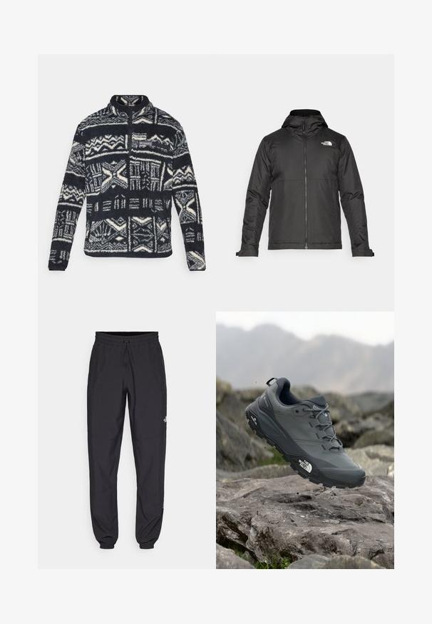 Jachetă neagră cu fermoar și glugă, realizată dintr-un material neted. Prezintă un logo pe piept și manșete ajustabile pentru o potrivire strânsă.; Pulover din fleece alb și negru pentru bărbați, cu modele geometrice, fermoar pe un sfert în față, buzunar pe piept cu fermoar și logo Columbia pe piept.; Pantaloni atletici negri, confecționați dintr-un material ușor, cu un tiv elastic la talie, buzunare laterale și tivuri ajustate la gleznă.; Pantof de alergare pe trasee gri, cu o partieră texturată, talpă din cauciuc durabil și vârf întărit. Dispune de șireturi și logo-ul brandului pe lateral.