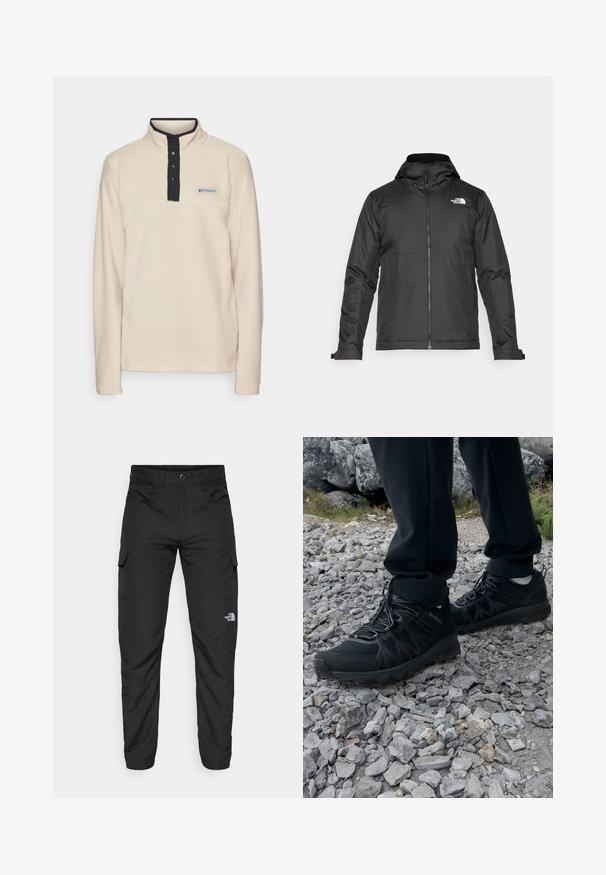 Czarna kurtka zapinana na zamek z kapturem, wykonana z gładkiego materiału. Posiada logo na piersi oraz regulowane mankiety zapewniające dopasowanie.; Columbia STEENS MOUNTAIN™ beżowy; The North Face HORIZON czarny; Czarne buty outdoorowe wykonane z siateczki i materiału syntetycznego, z fakturowaną cholewką, zabezpieczonym systemem sznurowania i solidną podeszwą, na skalistym terenie.