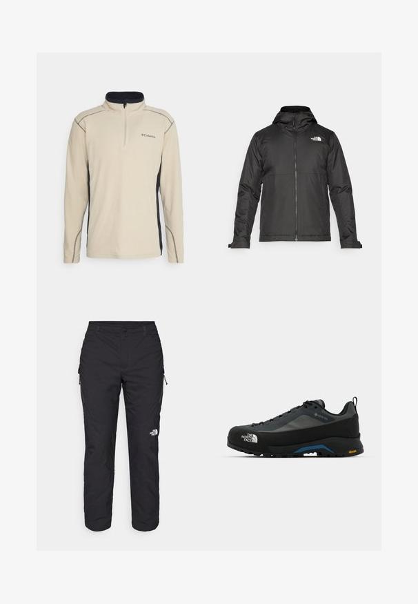 Chaqueta negra con cremallera y capucha, hecha de un tejido suave. Cuenta con un logo en el pecho y puños ajustables para un ajuste ceñido.; Sudadera de forro polar beige con un panel lateral negro, cremallera de un cuarto en la parte frontal y costuras en contraste. Presenta un pequeño logo en el pecho.; The North Face WINTER EXPLORATION TAPERED CARGO - Pantalones montañeros largos - black; The North Face VERTO ALPINE GORE TEX - Zapatillas de senderismo - asphalt grey/tnf black
