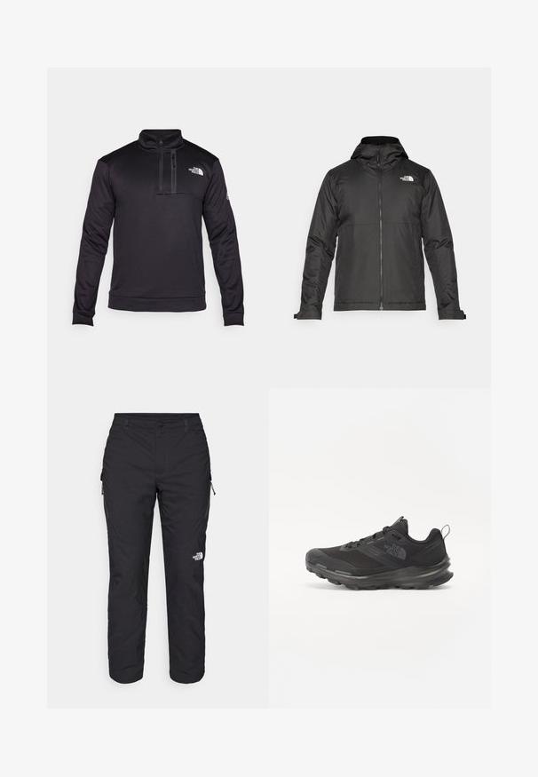 Svart zip-up jacka med huva, tillverkad av mjukt tyg. Funktionen inkluderar en logotyp på bröstet och justerbara ärmslut för en tät passform.; Svart fleece-pullov med hög krage, kvartslång zipp och bröstficka. Har texturerade sidopaneler och North Face-logotypen på bröstet.; The North Face WINTER EXPLORATION TAPERED CARGO - Friluftsbyxor - black; Svart idrottssko med mesh-överdel, gummiyttersula och vadderad krage. Utrustad med snören, logotyp på sidan och en strukturerad design.