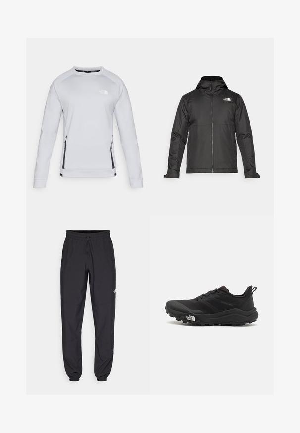 Crna majica sa zatvaračem i kapuljačom, izrađena od glatke tkanine. Ima logo na prsima i podesive manžete za udobno pristajanje.; Svijetlosiva dukserica s okruglim izrezom, raglan rukavima, crnim bočnim zipovima i malim bijelim logotipom na prsima. Glatka tekstura tkanine.; Crne sportske hlače od lagane tkanine, s pojasom na vezanje, bočnim džepovima i suženim manžetama na gležnjevima.; Crne trail trkačke cipele s teksturiranim gornjim dijelom, gumeni potplat i ojačana zaštita za prste. Imaju podstavljen ovratnik i trakicu za lakše obuvanje.