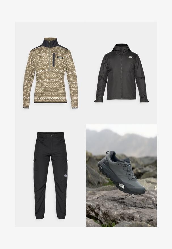 Jachetă neagră cu fermoar și glugă, realizată dintr-un material neted. Prezintă un logo pe piept și manșete ajustabile pentru o potrivire strânsă.; Pulover cu fermoar de culoare maro, cu un model geometric în crem, având un guler înalt și accente bleumarin pe umeri și pe buzunarul de piept.; The North Face HORIZON PANT - Pantaloni outdoor - black; Pantof de alergare pe trasee gri, cu o partieră texturată, talpă din cauciuc durabil și vârf întărit. Dispune de șireturi și logo-ul brandului pe lateral.