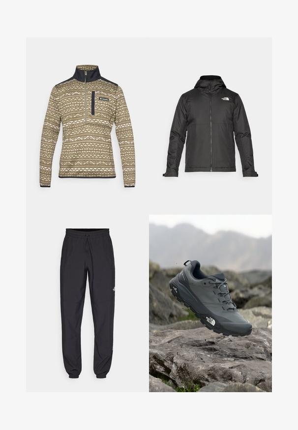 Svart zip-up jacka med huva, tillverkad av mjukt tyg. Funktionen inkluderar en logotyp på bröstet och justerbara ärmslut för en tät passform.; Brun zippered pullover med ett geometriskt mönster i krämfärg, med hög krage och marinblå accenter på axlarna och bröstfickan.; Svarta träningsbyxor tillverkade av lättviktsmaterial, med dragsko i midjan, sidofickor och avsmalnande muddar vid anklarna.; Grå trail löparskor med en texturerad ovandel, hållbar gummisula och förstärkt tåparti. Har snören och logotyp på sidan.