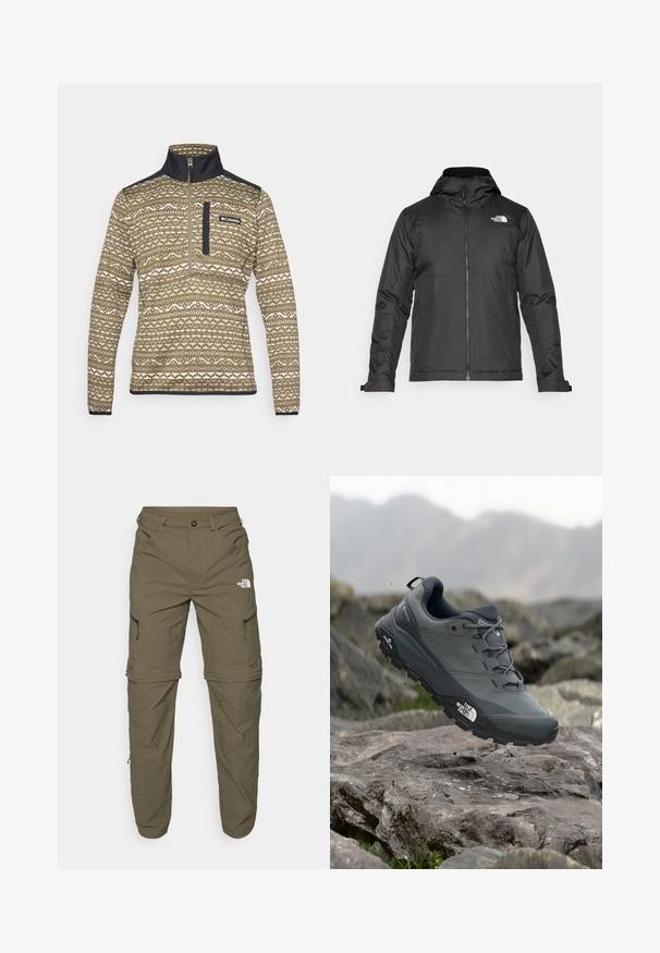 Musta vetoketjullinen takki, jossa on huppu ja joka on valmistettu sileästä kankaasta. Takissa on logo rinnassa ja säädettävät hihansuut tiiviin istuvuuden saavuttamiseksi.; Ruskea vetoketjullinen puolihuppari, jossa on kermaista väriä ja geometrinen kuvio. Hieman korkea kaulus ja tummansinisiä yksityiskohtia hartioissa ja rintataskussa.; The North Face EXPLORATION TAPERED CONVERTIBLE - Ulkohousut - new taupe green; Harmaa polkujuoksukenkä, jossa on teksturoitu päällinen, kestävä kumipohja ja vahvistettu varvastoppa. Varustettu nauhoilla ja brändin logolla sivussa.