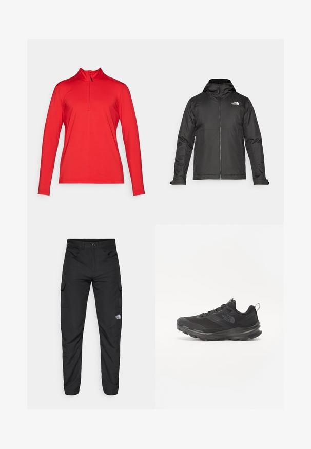 Sort lynlåsjakke med hætte, lavet af glat stof. Har et logo på brystet og justerbare manchetter for en tætsiddende pasform.; Rød langærmet sportstrøje med en kvart lynlås, lavet af letvægtsmateriale, med høj krave og flade sømme for komfort.; The North Face HORIZON PANT - Outdoorbukser - black; Sort atletisk sko med mesh-overdel, gummisål og polstret krave. Har snørebånd, logo på siden og et tekstureret design.