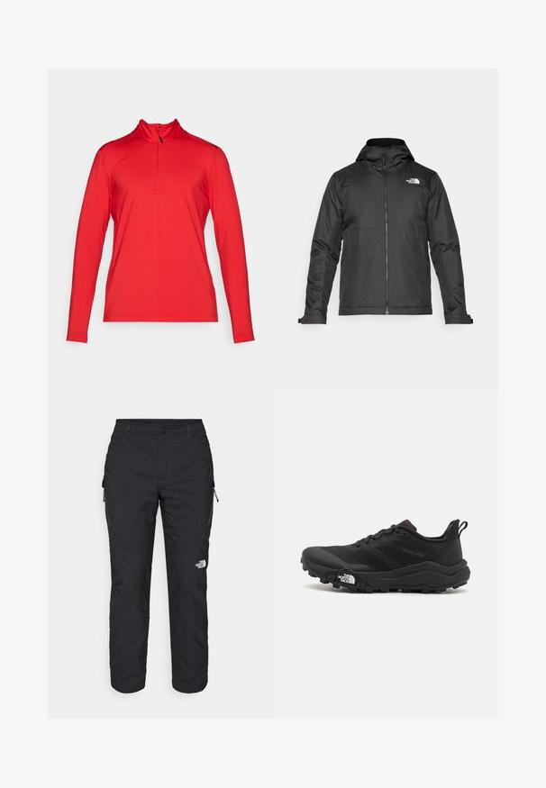 Black zip-up jacket with a hood, made of smooth fabric. Features a logo on the chest and adjustable cuffs for a snug fit.; Red long-sleeve sport top with a quarter zip, made of lightweight material, featuring a high collar and flat seams for comfort.; The North Face WINTER EXPLORATION TAPERED CARGO - Outdoor trousers - black; Black trail running shoe with a textured upper, rubber sole, and reinforced toe cap. Features a padded collar and pull tab for easy wear.