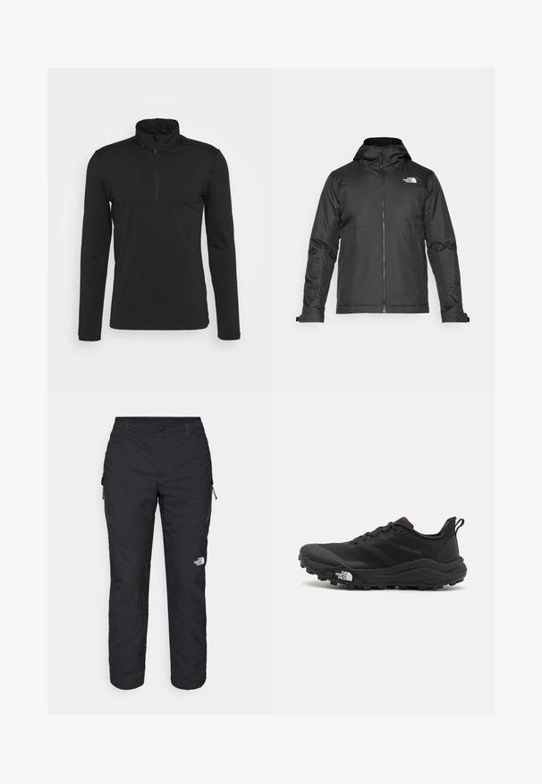 Black zip-up jacket with a hood, made of smooth fabric. Features a logo on the chest and adjustable cuffs for a snug fit.; Black long-sleeve pullover with a high collar and zippered neckline. Smooth texture, no visible patterns, and minimalistic design.; The North Face WINTER EXPLORATION TAPERED CARGO - Outdoor trousers - black; Black trail running shoe with a textured upper, rubber sole, and reinforced toe cap. Features a padded collar and pull tab for easy wear.