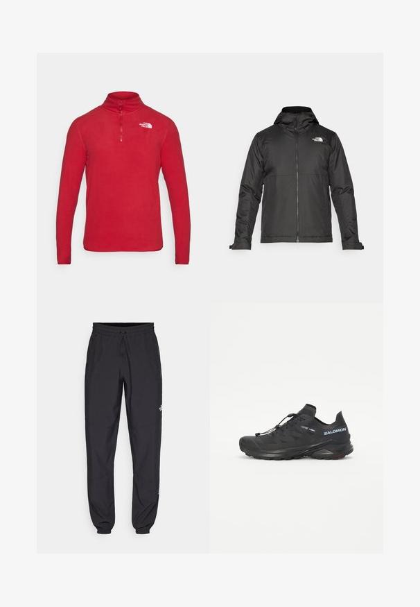 Giacca nera con zip e cappuccio, realizzata in tessuto liscio. Presenta un logo sul petto e polsini regolabili per una vestibilità aderente.; The North Face GLACIER 1/4 ZIP - Felpa in pile - garnet red; Pantaloni sportivi neri realizzati in tessuto leggero, con vita regolabile con cordino, tasche laterali e orli affusolati alle caviglie.; Scarpa da trail running nera con tomaia strutturata, lacci elastici e suola Contagrip. Offre una vestibilità aderente e una protezione per le dita.